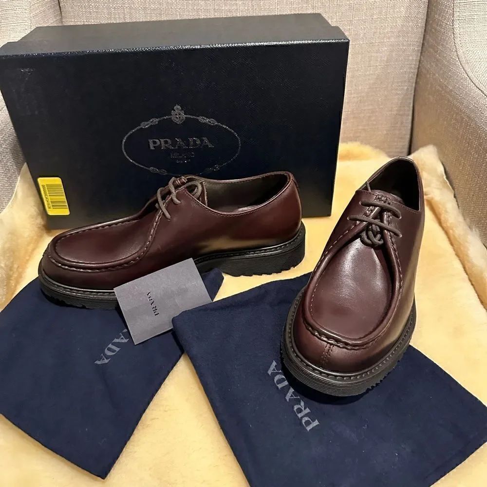 Prada Men’s brushed leathers lace up brown loafers Sz US 6, EU38,5-39, NIB